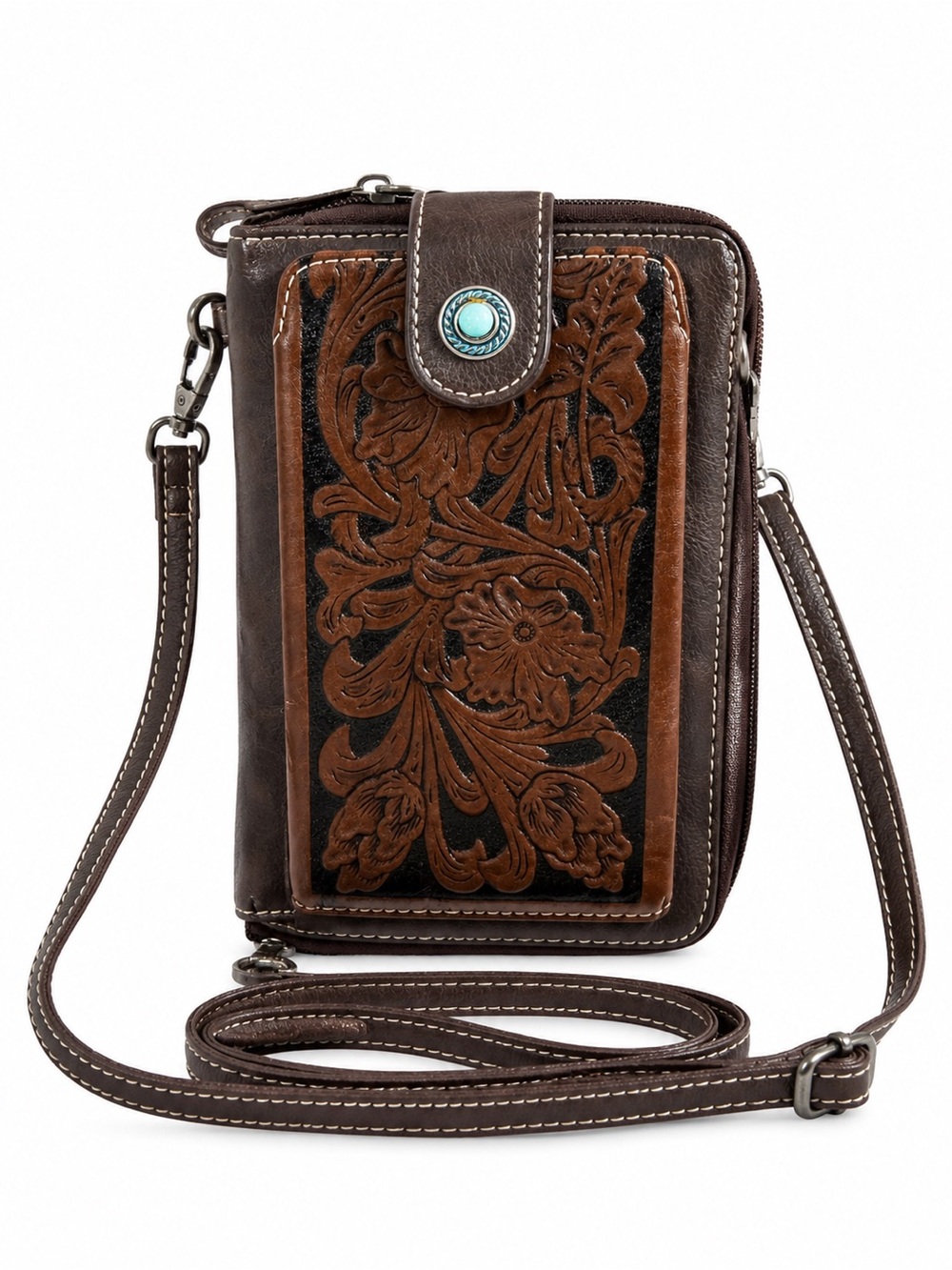 Montana West Western Tooled Floral Crossbody Wallet Purse Turquoise Concho Brown